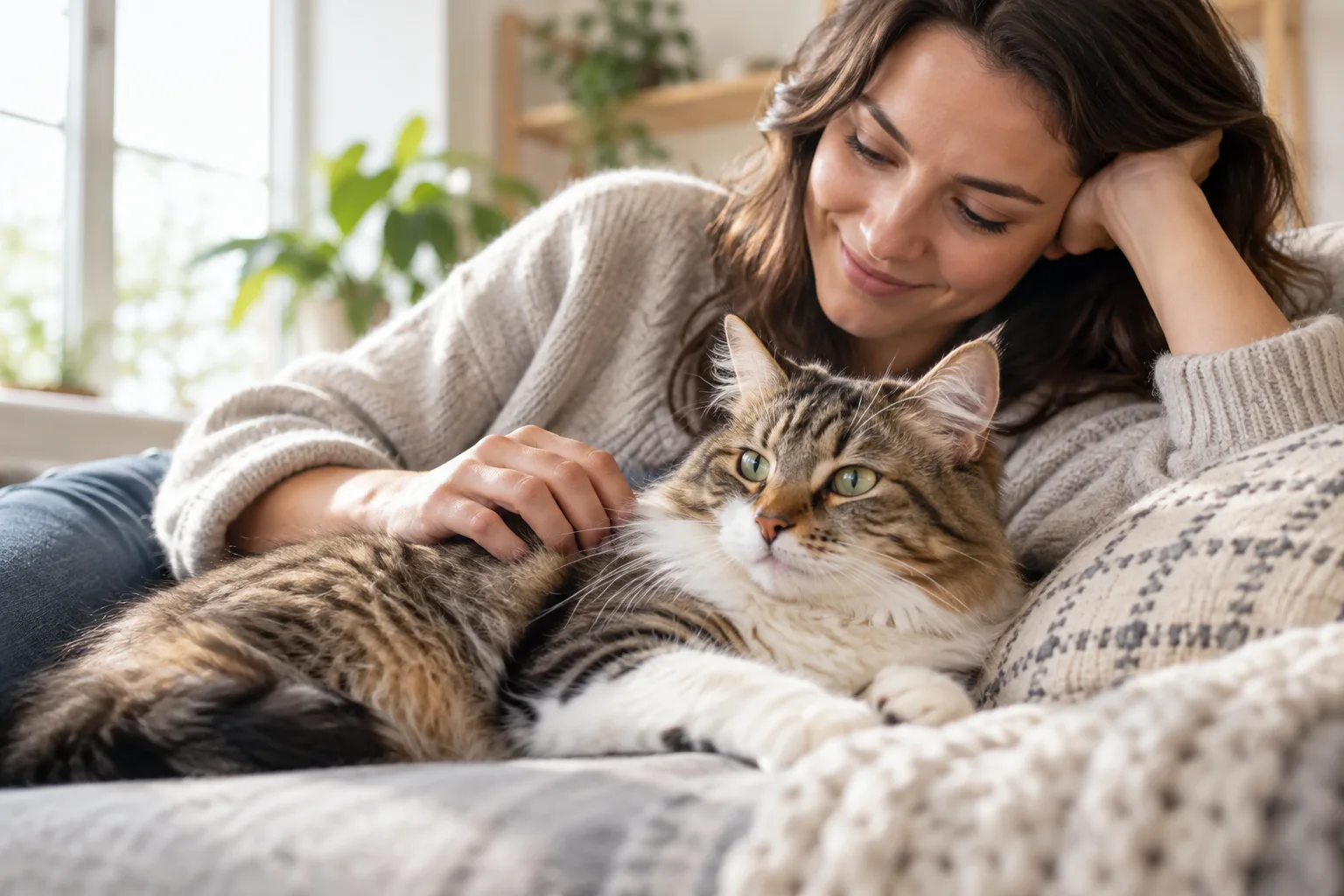 Owner resting beside a tabby cat on a sofa