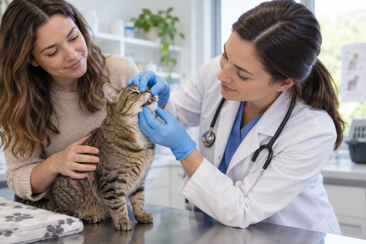 Veterinarian gently examining a cat with its owner beside the table